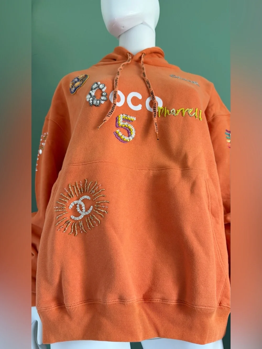 CHANEL Pharrell Orange Embellished Logo Hoodie Sweatshirt